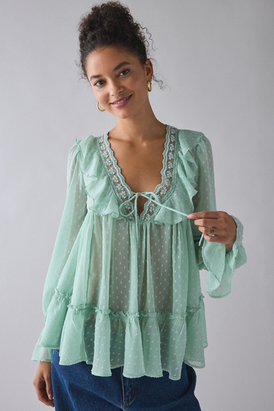 Kimchi Blue Mona Sheer Clip Dot Ruffle Babydoll Tunic Blouse In Green, Women's At Urban Outfitters In Animal Print