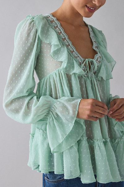 Kimchi Blue Mona Sheer Clip Dot Ruffle Babydoll Tunic Blouse