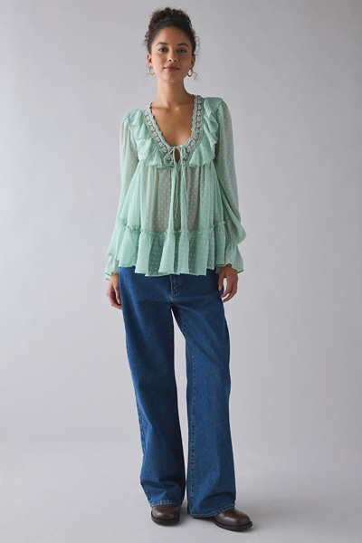 Kimchi Blue Mona Sheer Clip Dot Ruffle Babydoll Tunic Blouse