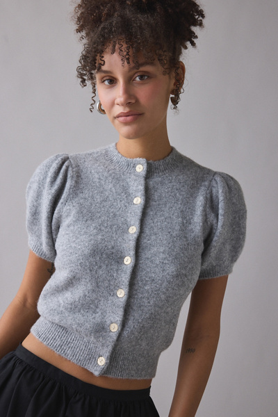Kimchi Blue Kate Puff Short Sleeve Cardigan In Grey, Women's At Urban Outfitters In Gray