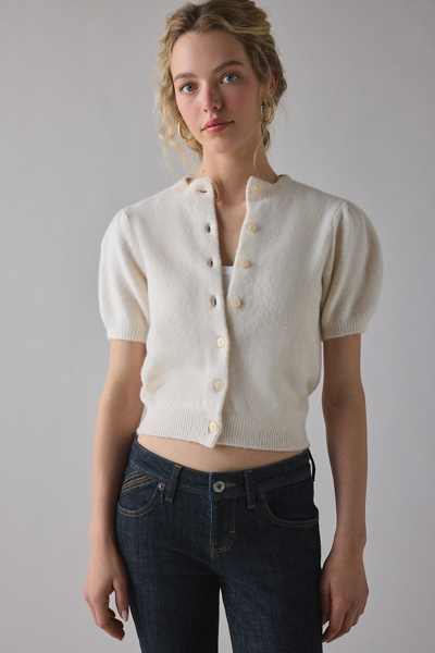 Kimchi Blue Kate Puff Short Sleeve Cardigan In White, Women's At Urban Outfitters