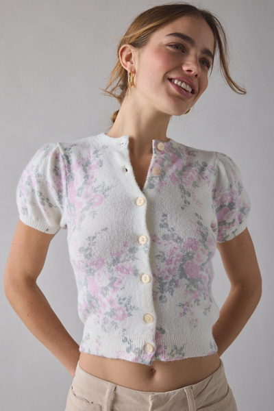 Kimchi Blue Kate Puff Short Sleeve Cardigan In Floral, Women's At Urban Outfitters In Pink
