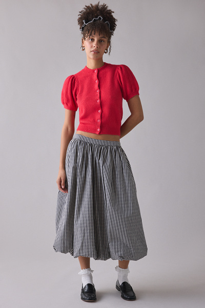 Kimchi Blue Kate Puff Short Sleeve Cardigan In Red, Women's At Urban Outfitters