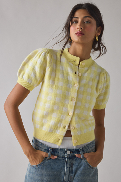Kimchi Blue Kate Puff Short Sleeve Cardigan In Yellow, Women's At Urban Outfitters In Green