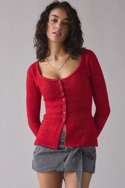 Kimchi Blue Frankie Scoop Neck Flyaway Cardigan In Red, Women's At Urban Outfitters