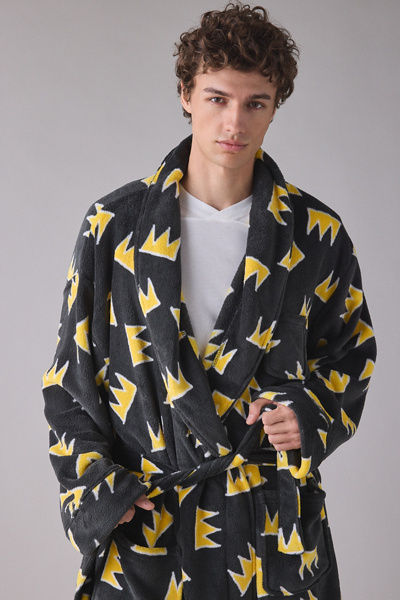 Urban Outfitters Basquiat Crown Pattern Robe In Black, Men's At  In Black