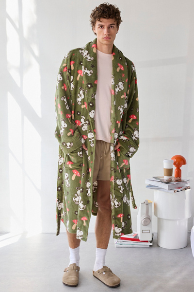 Urban Outfitters Snoopy & Mushroom Pattern Robe In Olive, Men's At  In Green