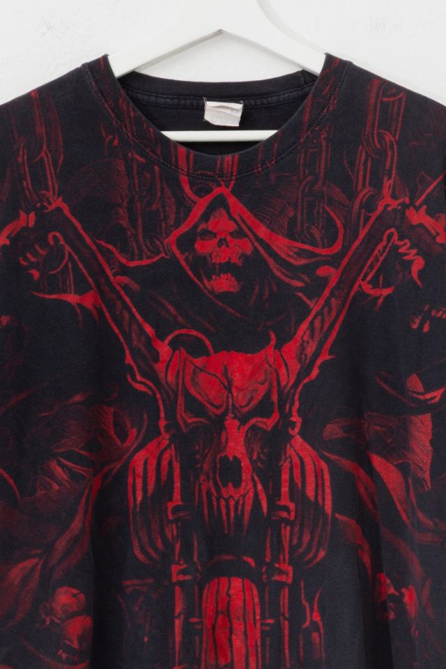Vintage Y2K All Over Print Skull Motorcycle Graphic T-Shirt Distressed #1