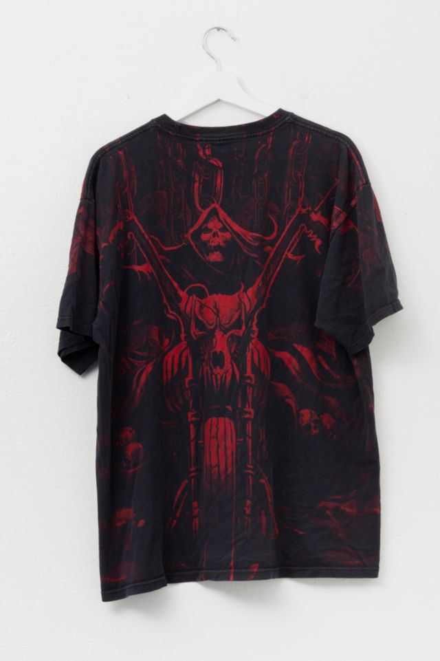 Vintage Y2K All Over Print Skull Motorcycle Graphic T-Shirt Distressed #2