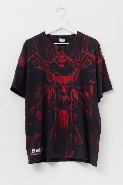 Vintage Y2K All Over Print Skull Motorcycle Graphic T-Shirt Distressed