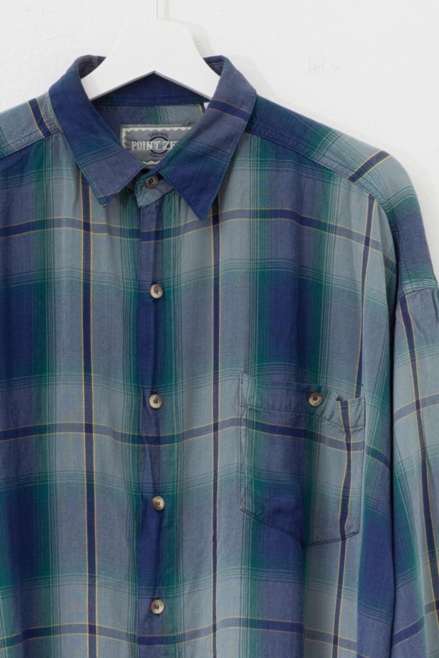 Vintage 1990s Navy Blue Plaid Rayon Button Up Shirt #1
