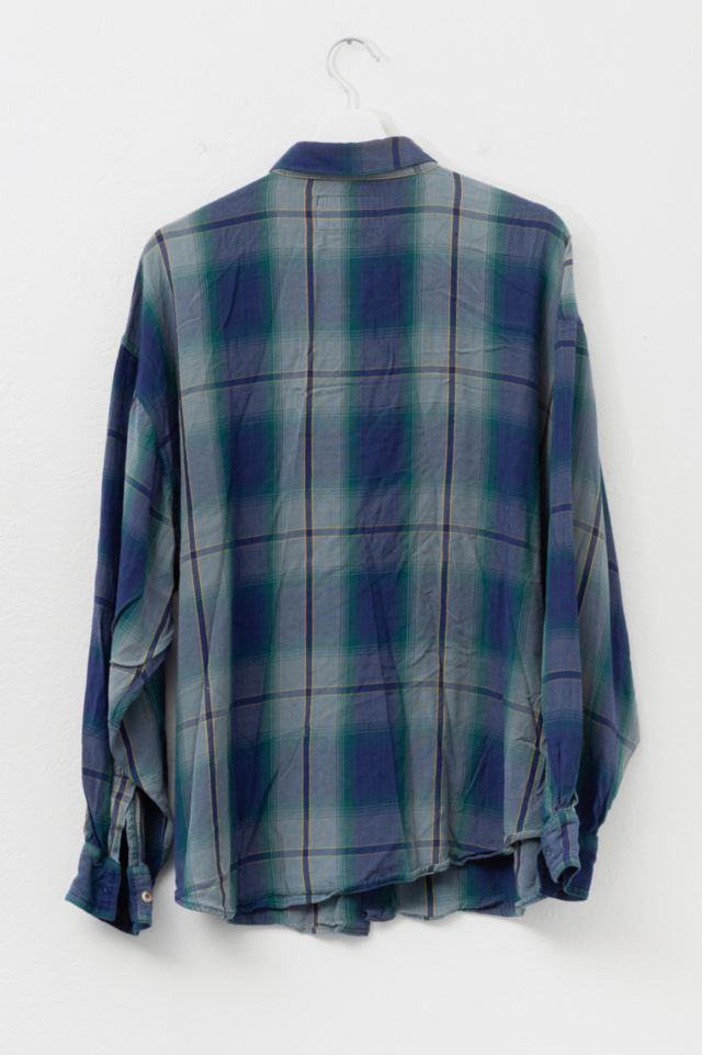 Vintage 1990s Navy Blue Plaid Rayon Button Up Shirt #2