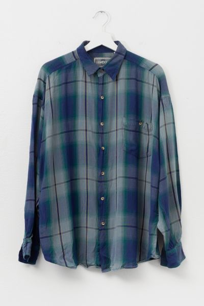 Vintage 1990s Navy Blue Plaid Rayon Button Up Shirt