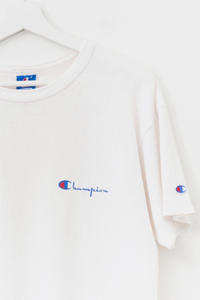 Vintage 1990s Champion Made in USA Script Logo Embroidered White Cotton T-Shirt #1
