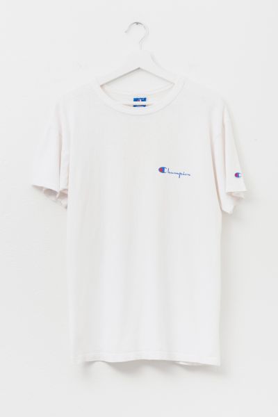 Vintage 1990s Champion Made in USA Script Logo Embroidered White Cotton T-Shirt