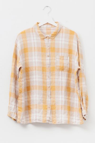 Vintage 1990s Yellow Plaid Linen Button Up Shirt Sleeve Shirt