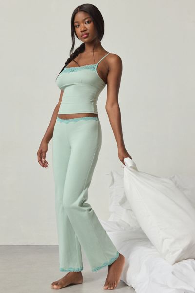 Out From Under Daphne Cotton Jersey Lace Trim Cami + Pant Pj Set In Green, Women's At Urban Outfitters In Green