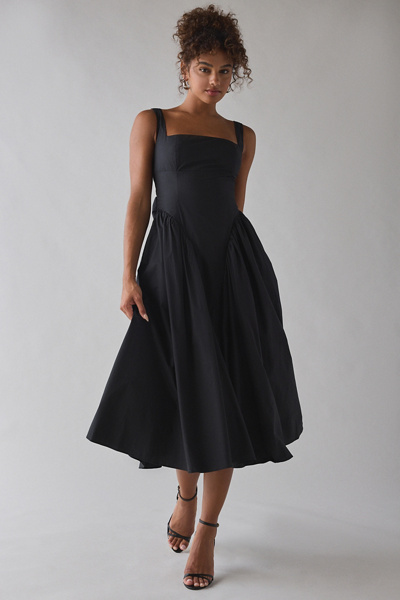 ASTR Vinya Basque Waist Tie-Back Bow Midi Dress | Urban Outfitters