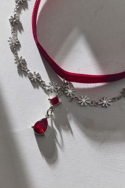 Urban Outfitters Crimson Gem Drop Layered Velvet Choker Necklace In Red, Women's At  In Red