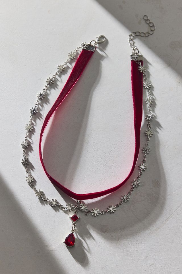 Collier ras du cou en velours superposé avec pierre précieuse rouge cramoisi #1