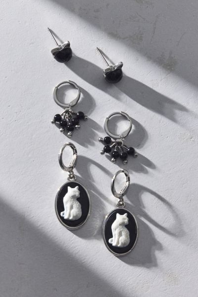 Urban Outfitters Cat Cameo Stud & Hoop Earring Set In Silver, Women's At  In White