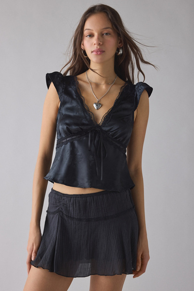 Kimchi Blue Lily Lace Trim Satin Milkmaid Top In Black, Women's At Urban Outfitters In Black