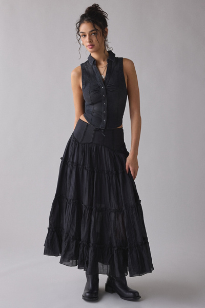 Kimchi Blue Charlotte Lace Trim Semi-sheer Tiered Maxi Skirt In Black, Women's At Urban Outfitters