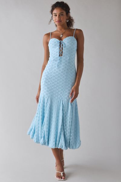 Bardot Delaney Soft Blue Lace Bubble Hem Midi Dress In Soft Blue, Women's At Urban Outfitters In Blue