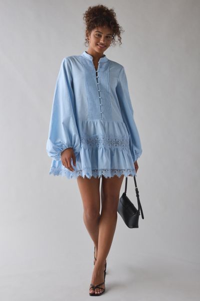 Bardot Antonia Lace Trim Long Sleeve Cotton & Linen Minidress In Blue
