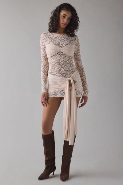 Lioness Midnight Sheer Lace Tie-front Overlay Mini Dress In Peach, Women's At Urban Outfitters In White