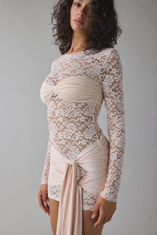 Lioness Midnight Sheer Lace Tie-Front Overlay Mini Dress #1