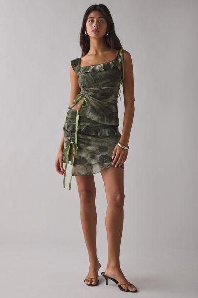 Kiss The Sky Euphoria Asymmetric Ruched Mesh Tank Top In Green, Women's At Urban Outfitters In Green