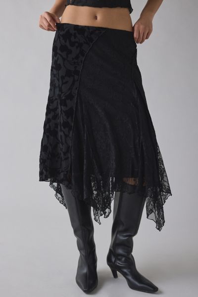 Kiss The Sky Marais Spliced Lace Hanky Hem Midi Skirt In Black, Women's At Urban Outfitters In Black