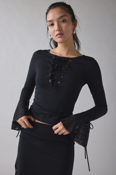 Kiss The Sky Bella Jersey Knit Lace-up Tie Bell Sleeve Top In Black, Women's At Urban Outfitters In Black