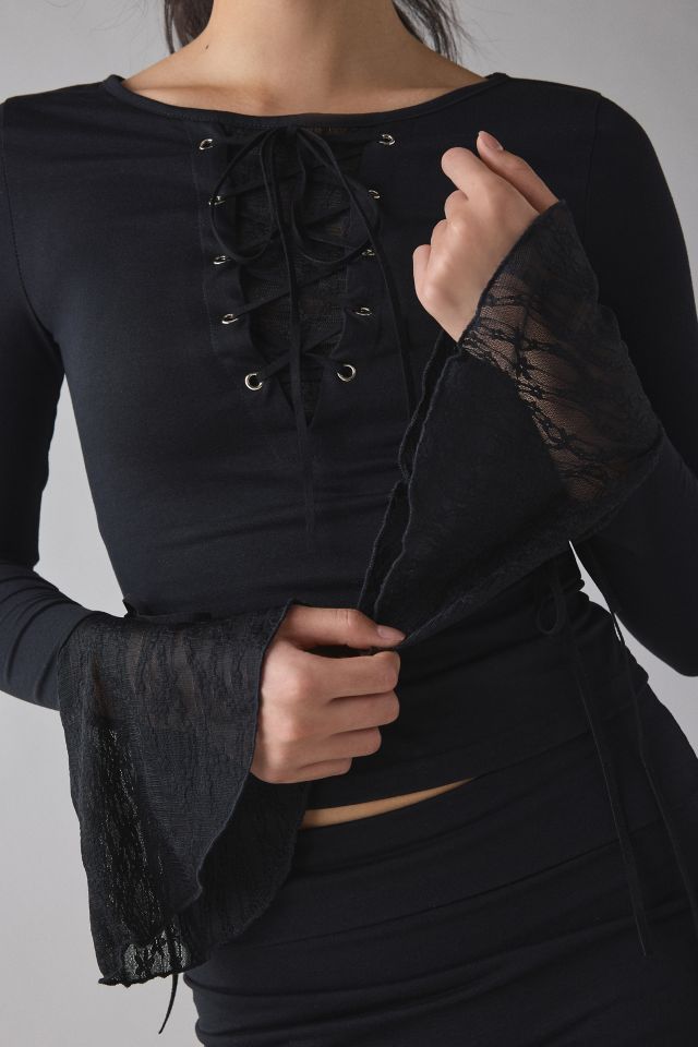 Kiss The Sky Bella Jersey Knit Lace-Up Tie Bell Sleeve Top #1