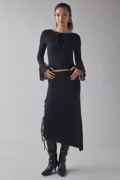 Kiss The Sky Bella Jersey Knit Asymmetric Lace-up Tie Midi Skirt In Black, Women's At Urban Outfitters In Black