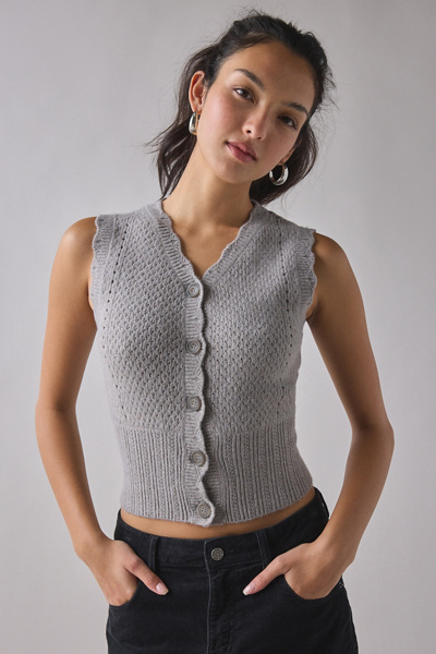Kimchi Blue Posey Pointelle Knit Cropped Button-up Sweater Vest In Grey, Women's At Urban Outfitters In Gray