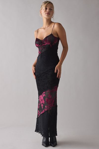 Kiss The Sky Alessandra Spliced Flocked Floral+ Lace Slip Maxi Dress