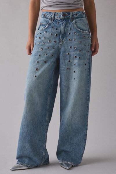 Bdg Jaya Studded Eyelet Cutout Baggy Boyfriend Jean In Tinted Denim, Women's At Urban Outfitters In Blue