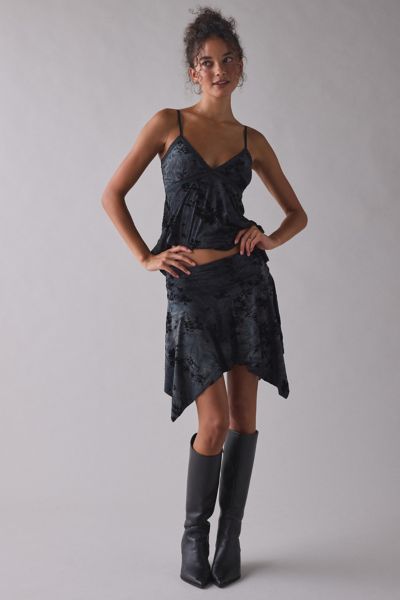 UO Hazel Burnout Floral Asymmetric Hanky Hem Mini Skirt