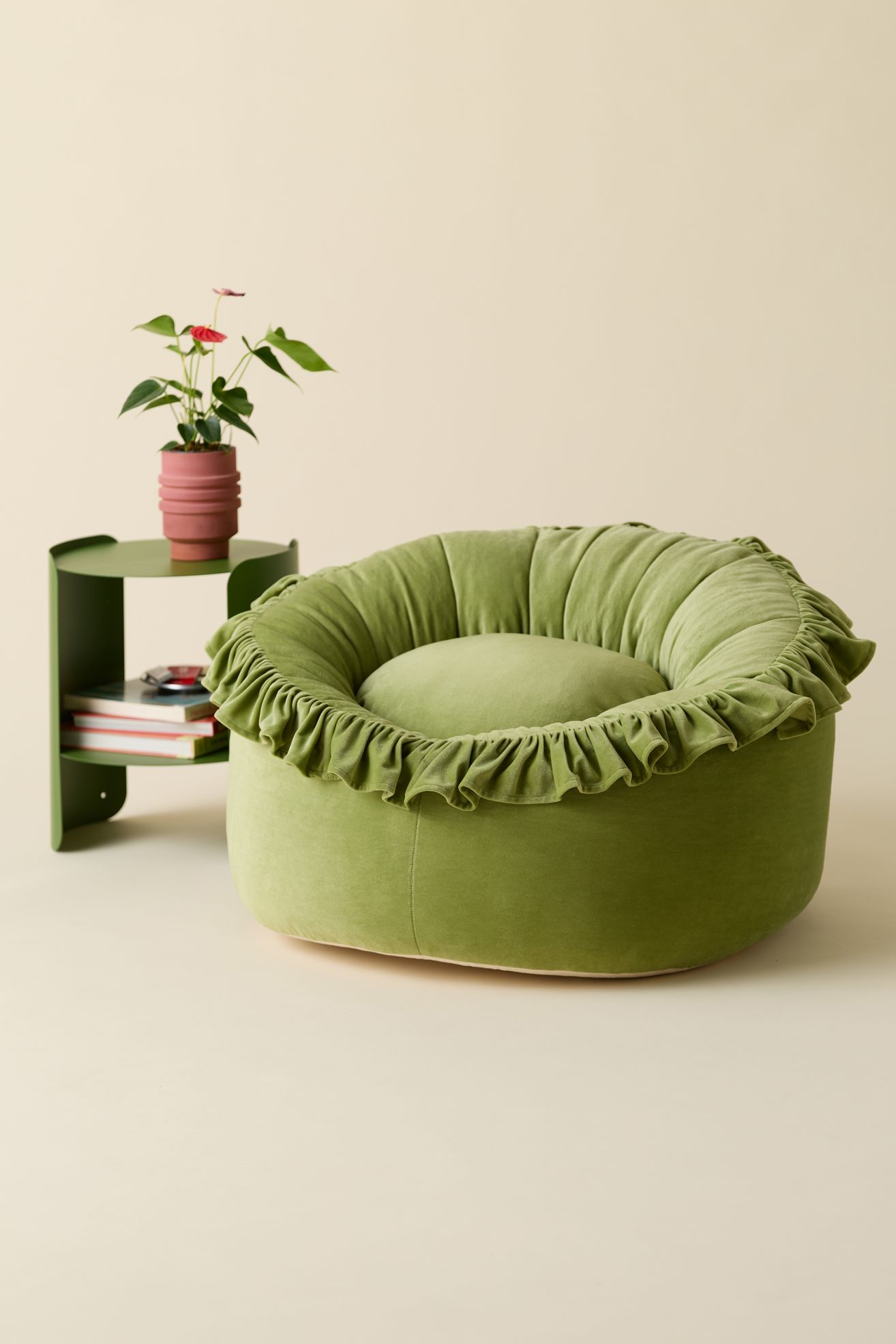Lena Ruffled Velvet Bean Bag Lounge Chair - Green, Regular, ONE SIZE