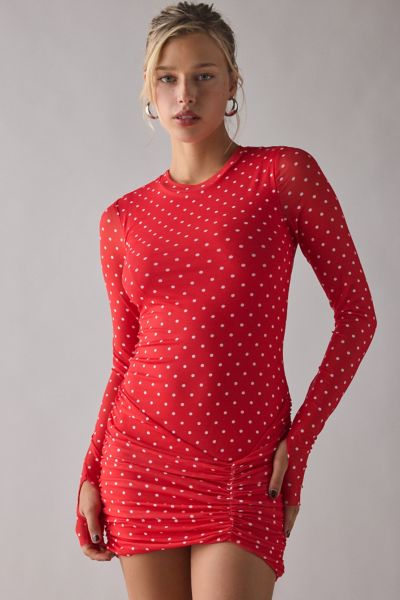 AFRM Mirza Risky Micro Dot Long Sleeve Ruched Mesh Mini Dress