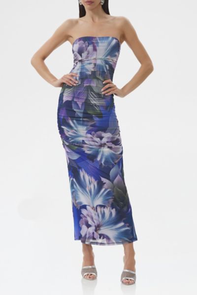 AFRM Marlo Abstract Orchid Ruched Mesh Strapless Maxi Dress