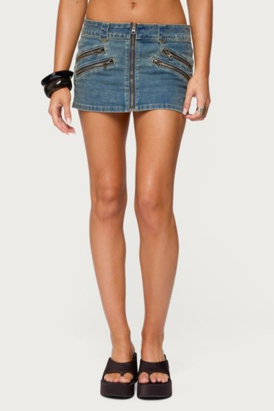 Edikted Ronan Zip Low Rise Denim Miniskort In Blue