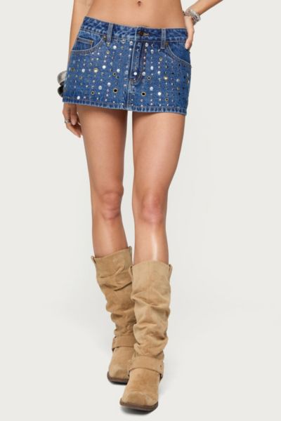 Edikted Studded Grommet Denim Mini Skort