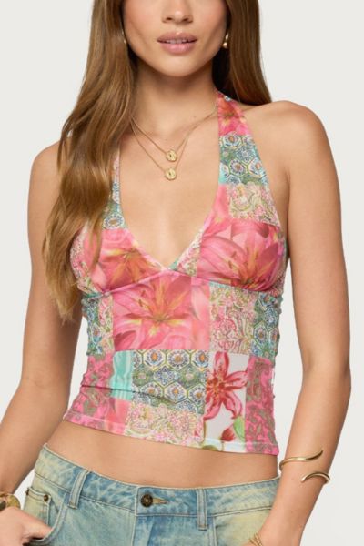 Edikted Catie Patchwork Mesh Halter Top In Multi