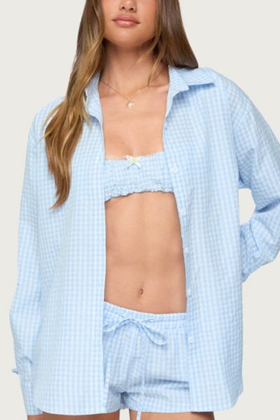 Edikted Yaffa Oversized Gingham Button Up Shirt Top In Light/blue, Women's At Urban Outfitters