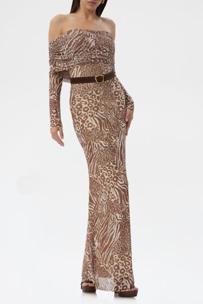 Afrm Thelma Mesh Off-the-shoulder Long Sleeve Maxi Dress In Taupe Animal, Women's At Urban Outfitters In Multi