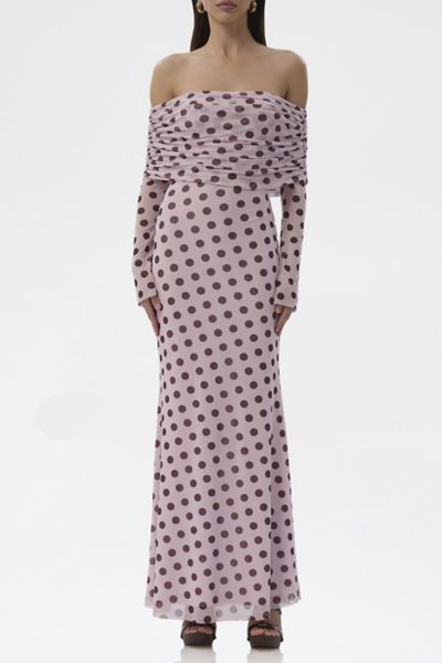 Afrm Long-sleeve Off-the-shoulder Mesh Maxi Dress In Blue