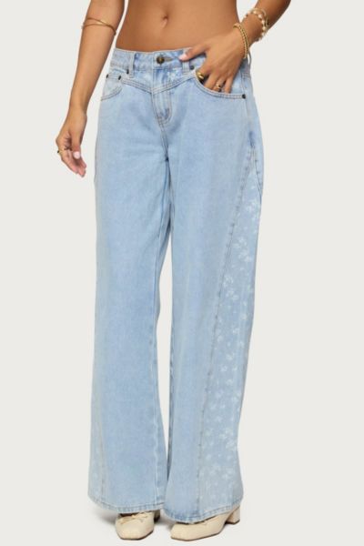 Edikted Floral Panel Low Rise Wide Leg Jeans In Blue